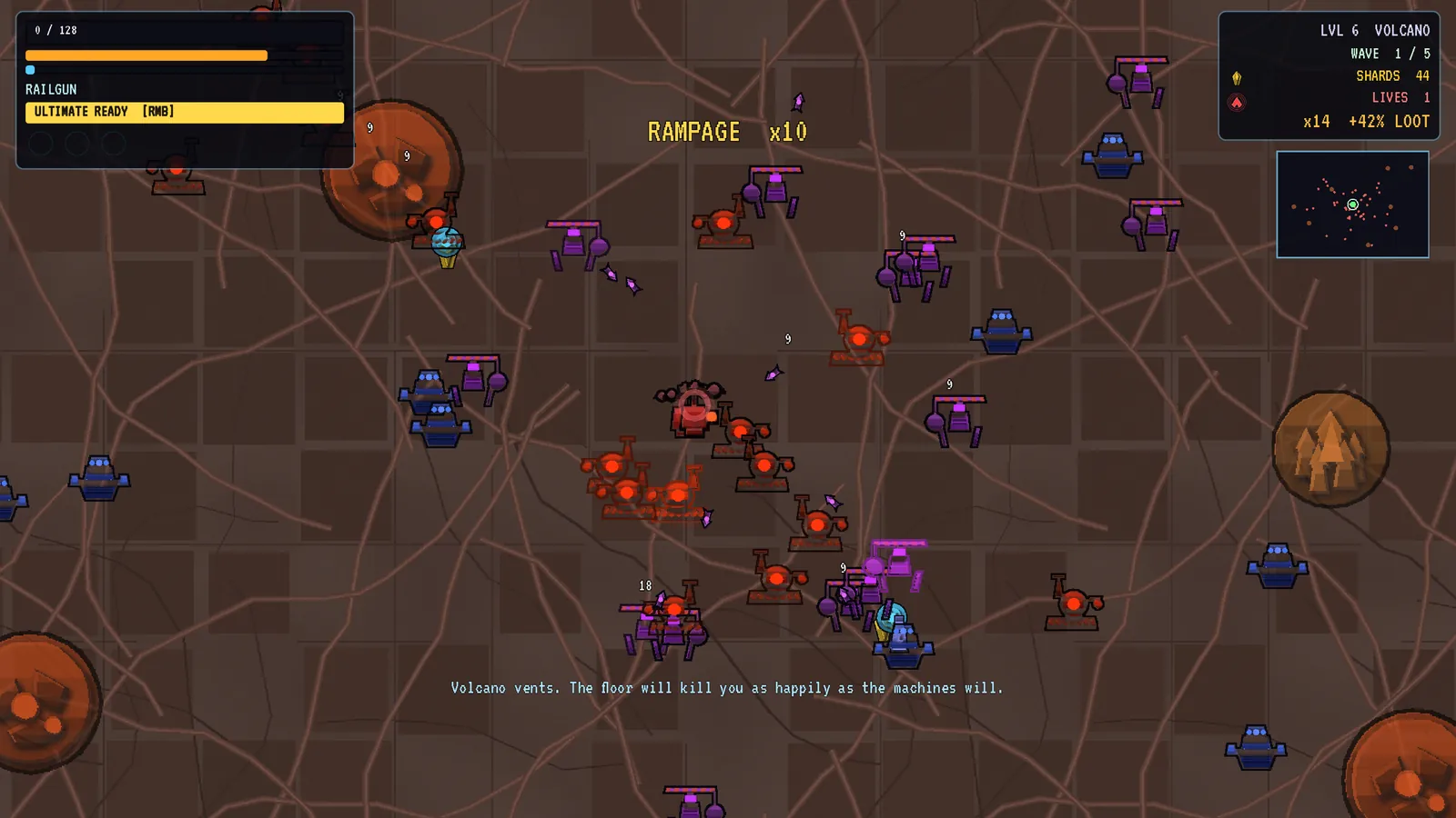 Damage numbers and chain lightning across a crowd