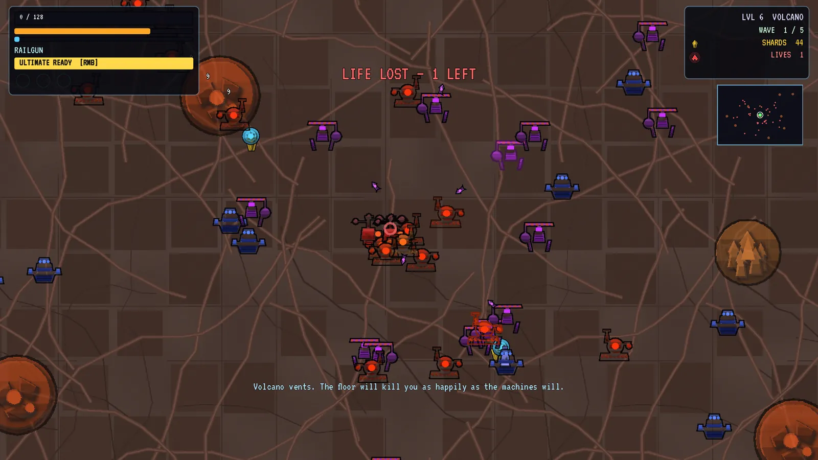 A wave of machines closing in across a volcanic hive floor