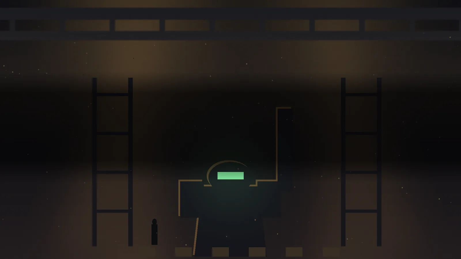A mech bay lit from above, one machine still standing